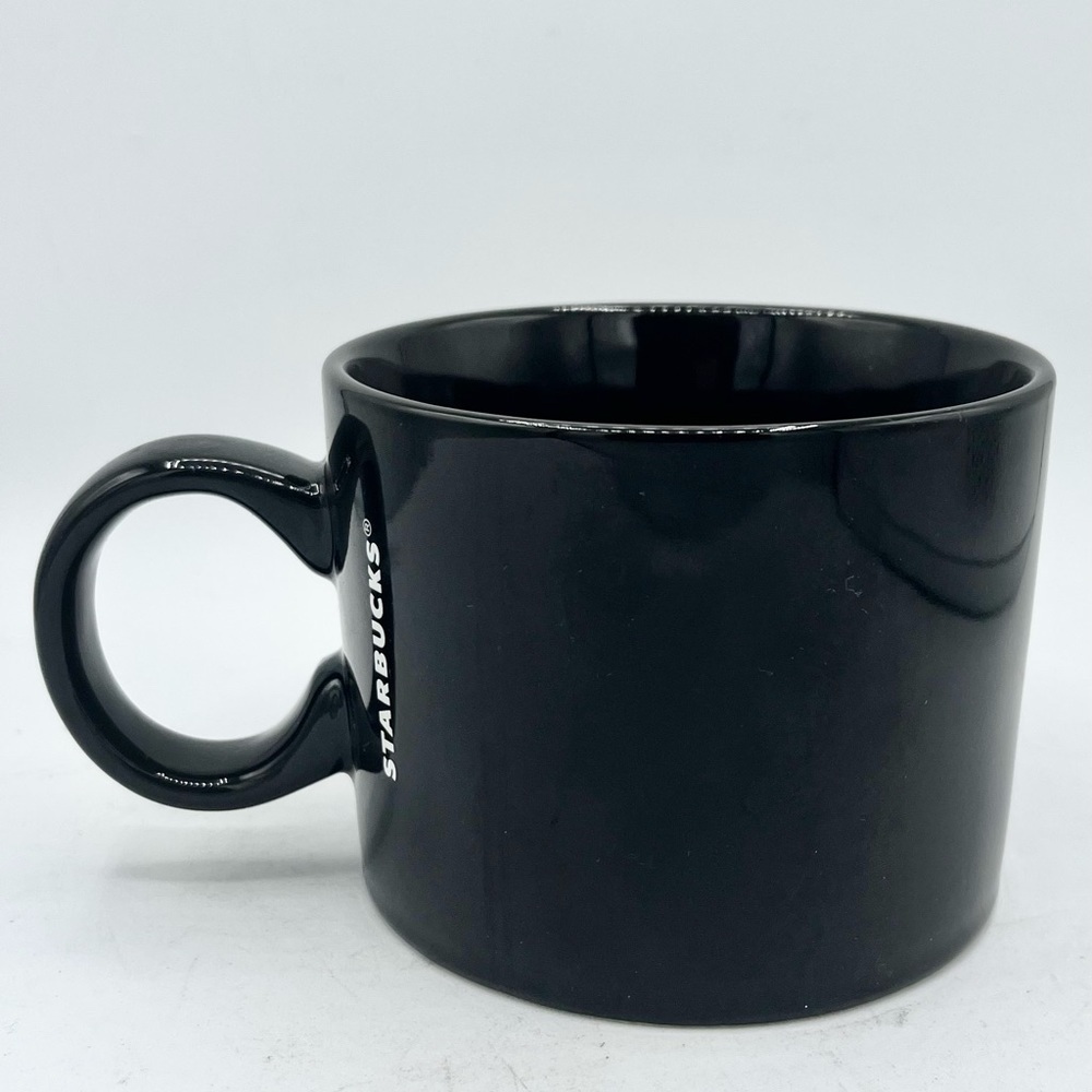 Starbucks 2017 White Logo Black Ceramic Flat Bottom Coffee Tea Mug Cup 12 oz